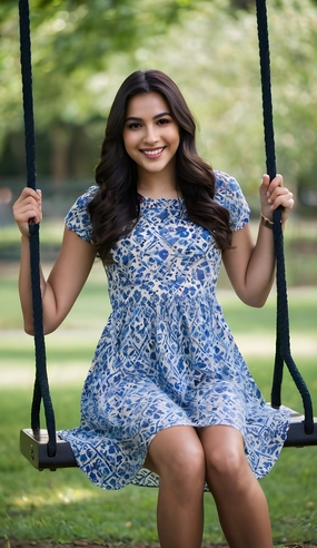 户外草地蓝色碎花裙荡秋千美女写真图片